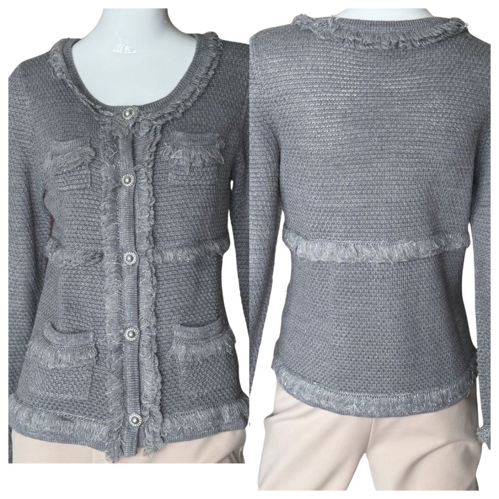 INC International Concepts Grey Button Down Fringe Trim 4 Pocket Cardigan Sz L